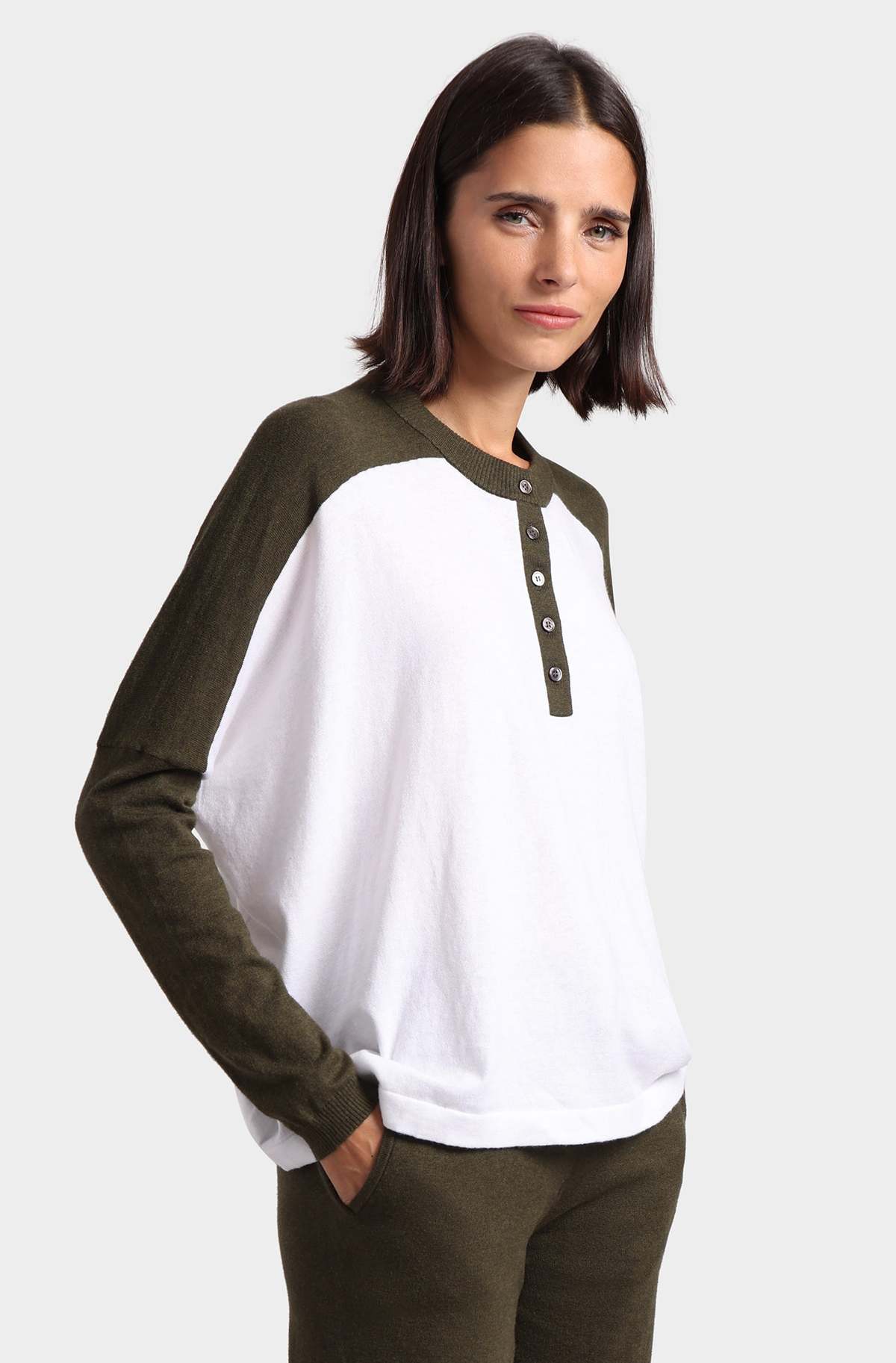 Minnie Rose Cotton Cashmere Colorblock Oversized Henley - Army/White ...