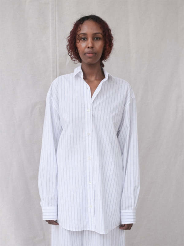 トップス baserange xs ole shirt Baserange Ole Shirt - White/Thin Blue Stripe | Garmentory