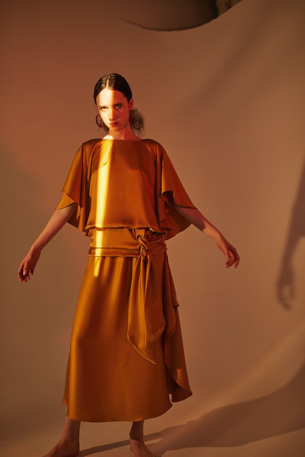 Kahle Drop Waist Dress - Marigold Satin