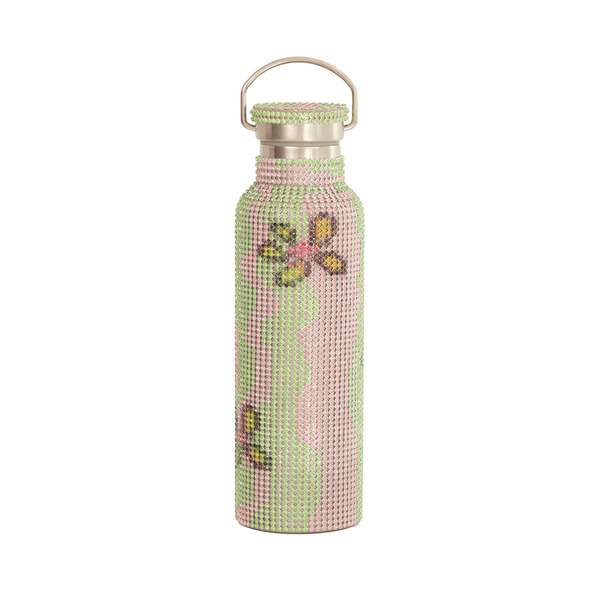 Collina Strada RHINESTONE WATER BOTTLE - LIME WAVY FLOWER