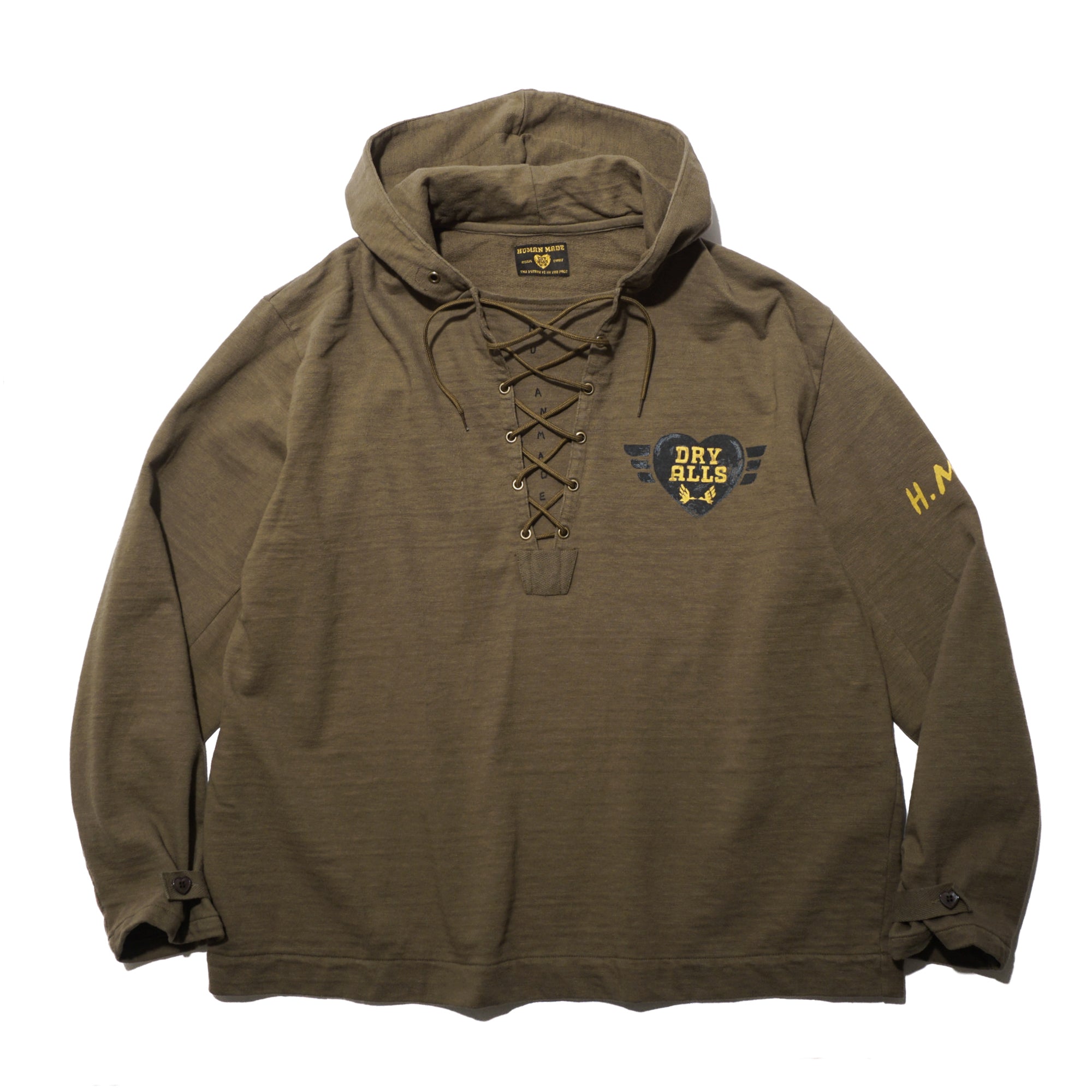 人気新品 LACE-UP-HOODED-PULLOVER--OLIVE トップス