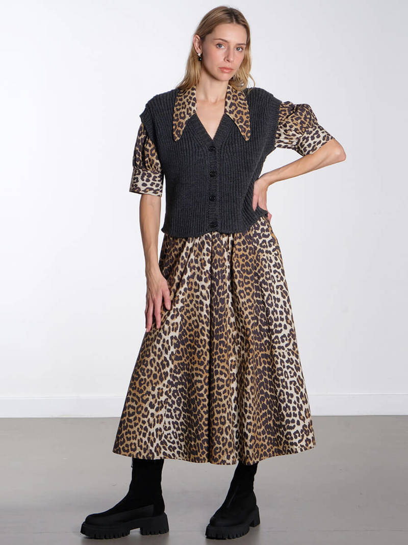 Ganni Leopard Cotton Poplin V neck Maxi Dress - Prints