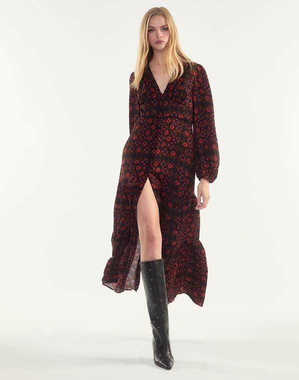 knee length dresses for ladies Elbow Length Sleeve Print Tiered Maxi Dress main image 1