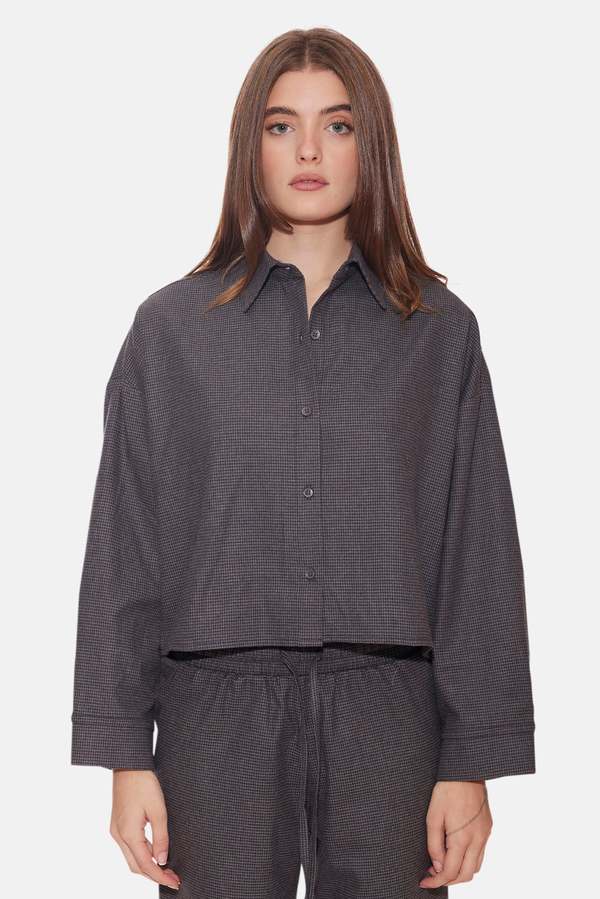 The Tile Club Chateau Twill Crop Shirt - Charcoal Houndstooth The Tile Club Chateau Twill Crop Shirt - Charcoal Houndstooth