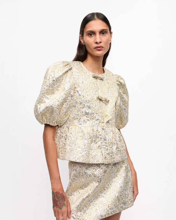 GANNI GOLD AND SILVER PEPLUM ブラウス Ganni Peplum Tie String Blouse - Gold/Silver | Garmentory