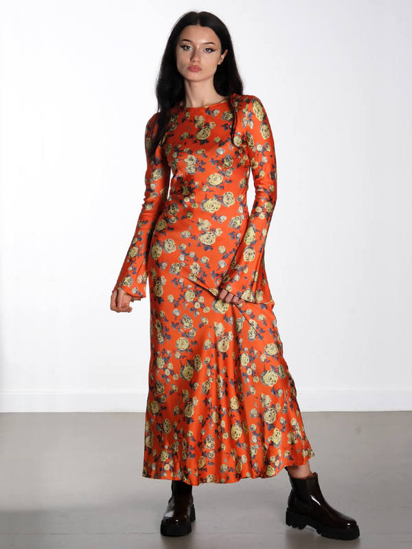 knee length dresses for ladies Ganni BLUE FLORAL CRINKLED SATIN LONG DRESS main image 0
