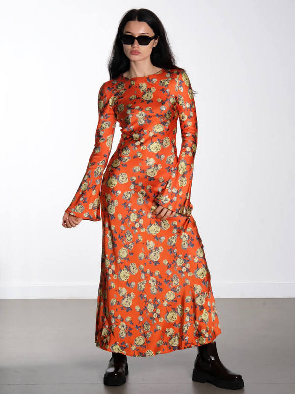 Ganni Printed Satin Maxi Dress - Poinciana