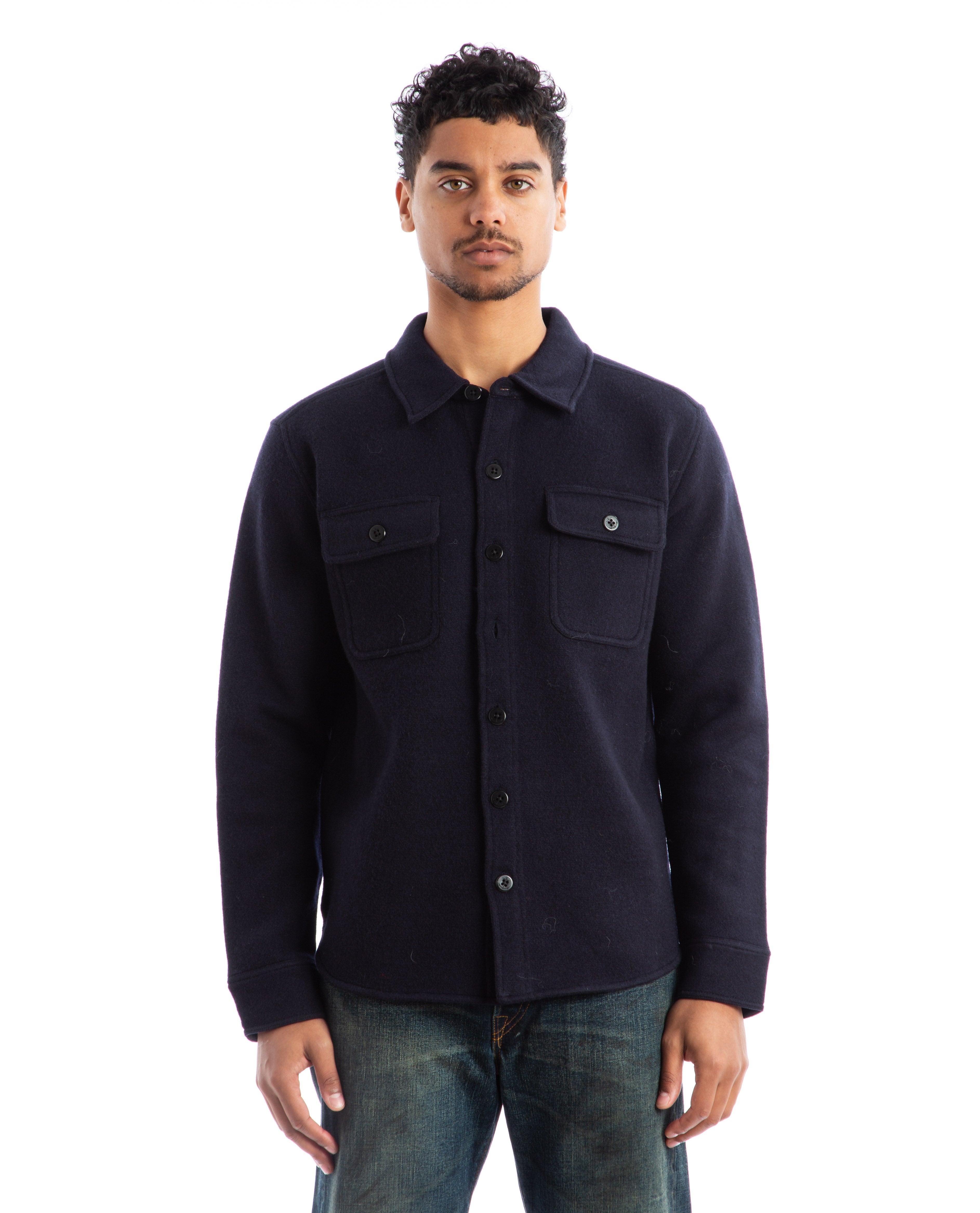 RRL Birdseye Jacquard Wool Workshirt Sweater - Navy | Garmentory