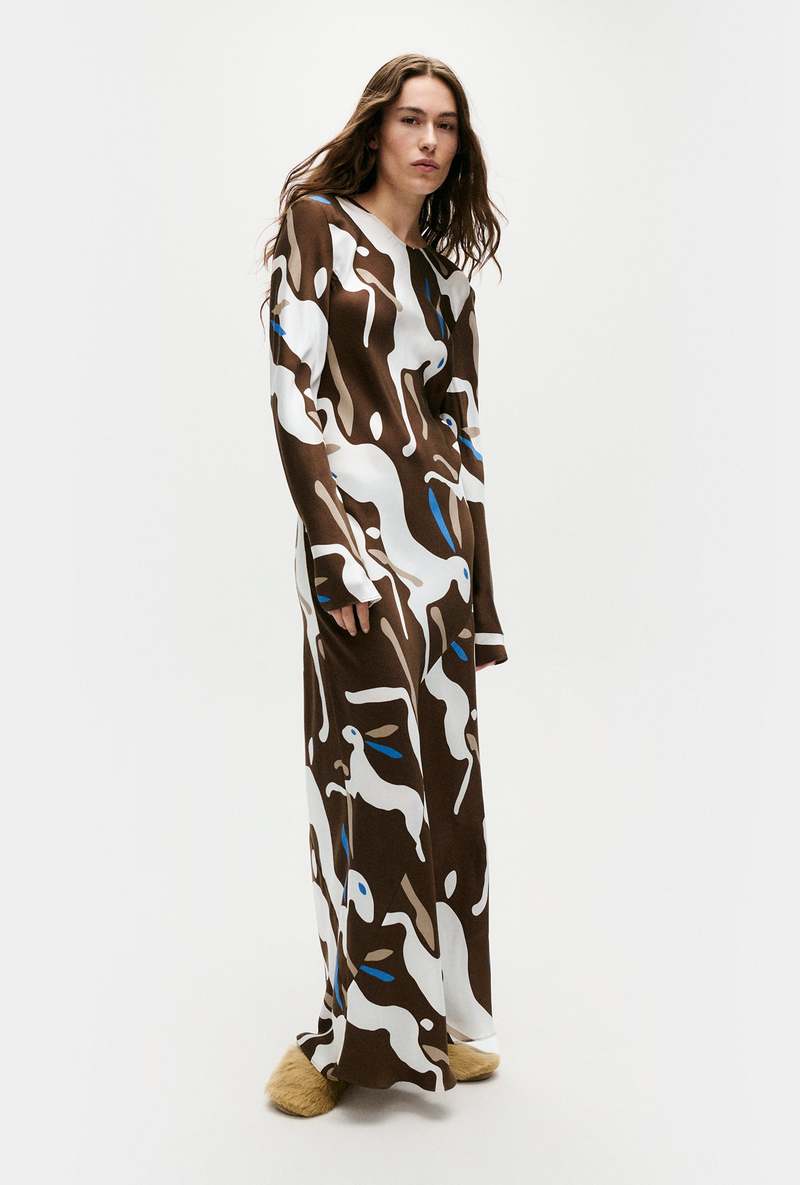 Silk Laundry Full Sleeve Bias Dress - Rabbit Dark Earth