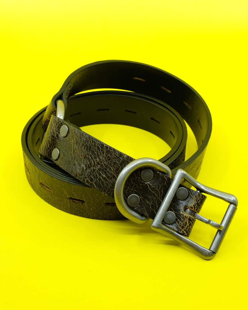 Martine Rose Cracked Leather Bondage Belt - Black/Yellow | Garmentory