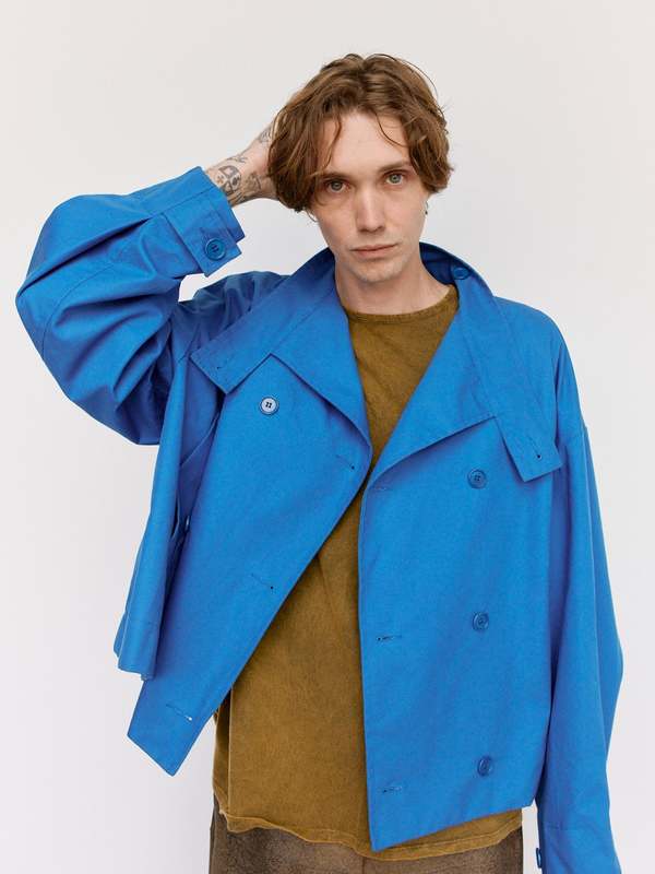 Gabriela Coll Garments Waxed Cropped Oversized Coat - Blue