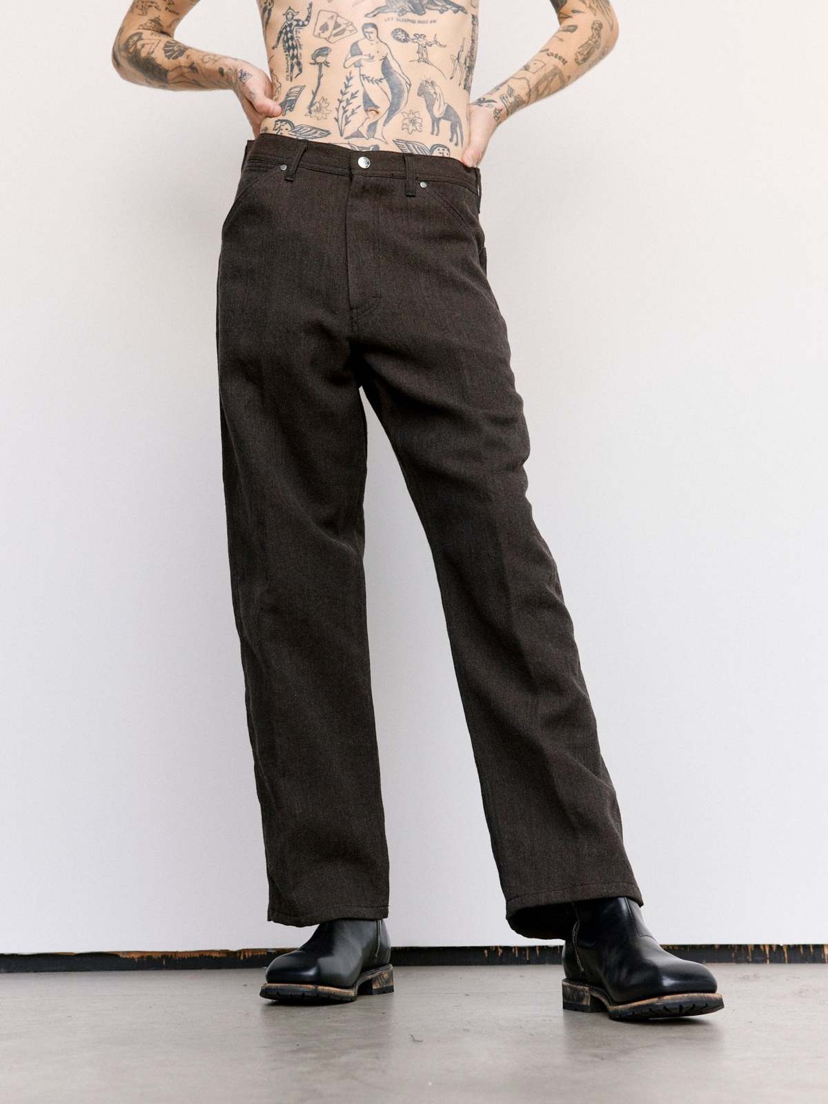 パンツ The Letters Wool Trouser The Letters Chocolate Wool Linen Herringbone Workers Wide Pants