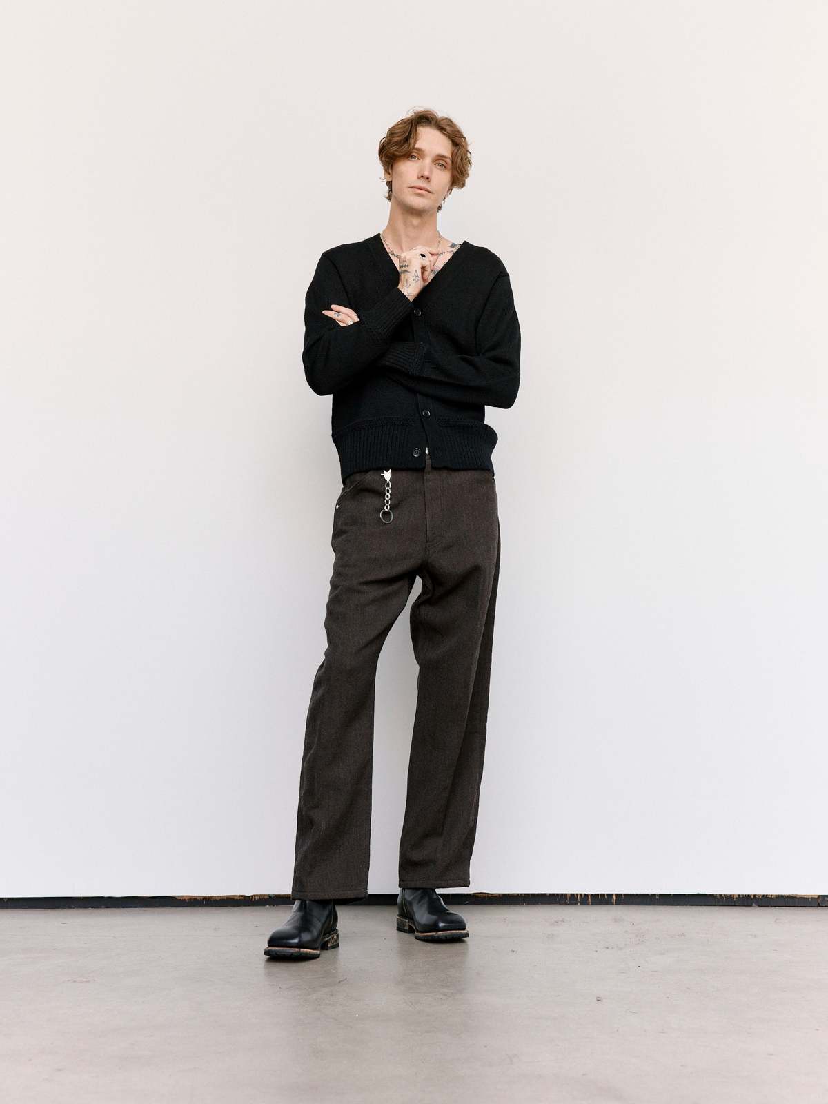 The Letters Chocolate Wool Linen Herringbone Workers Wide Pants