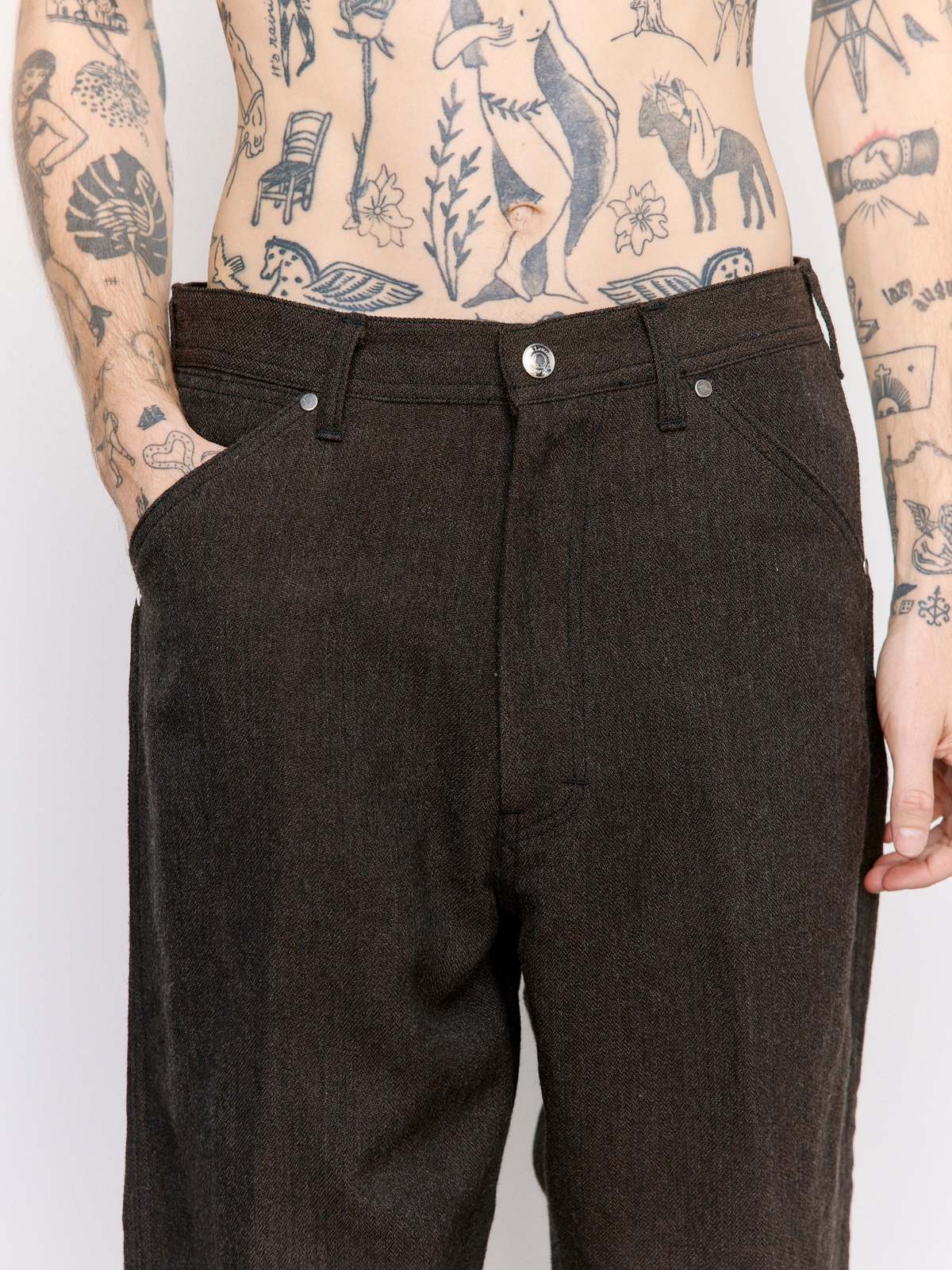 The Letters Chocolate Wool Linen Herringbone Workers Wide Pants