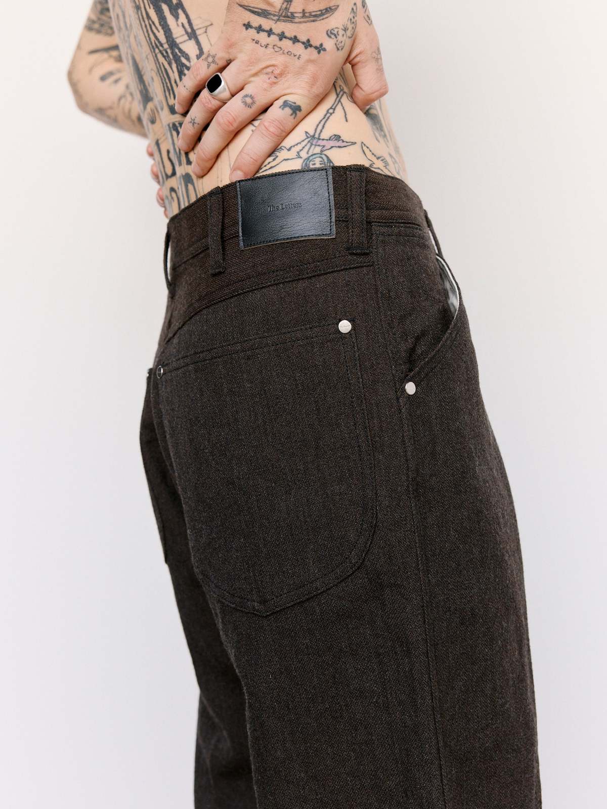 パンツ The Letters Wool Trouser The Letters Chocolate Wool Linen Herringbone Workers Wide Pants