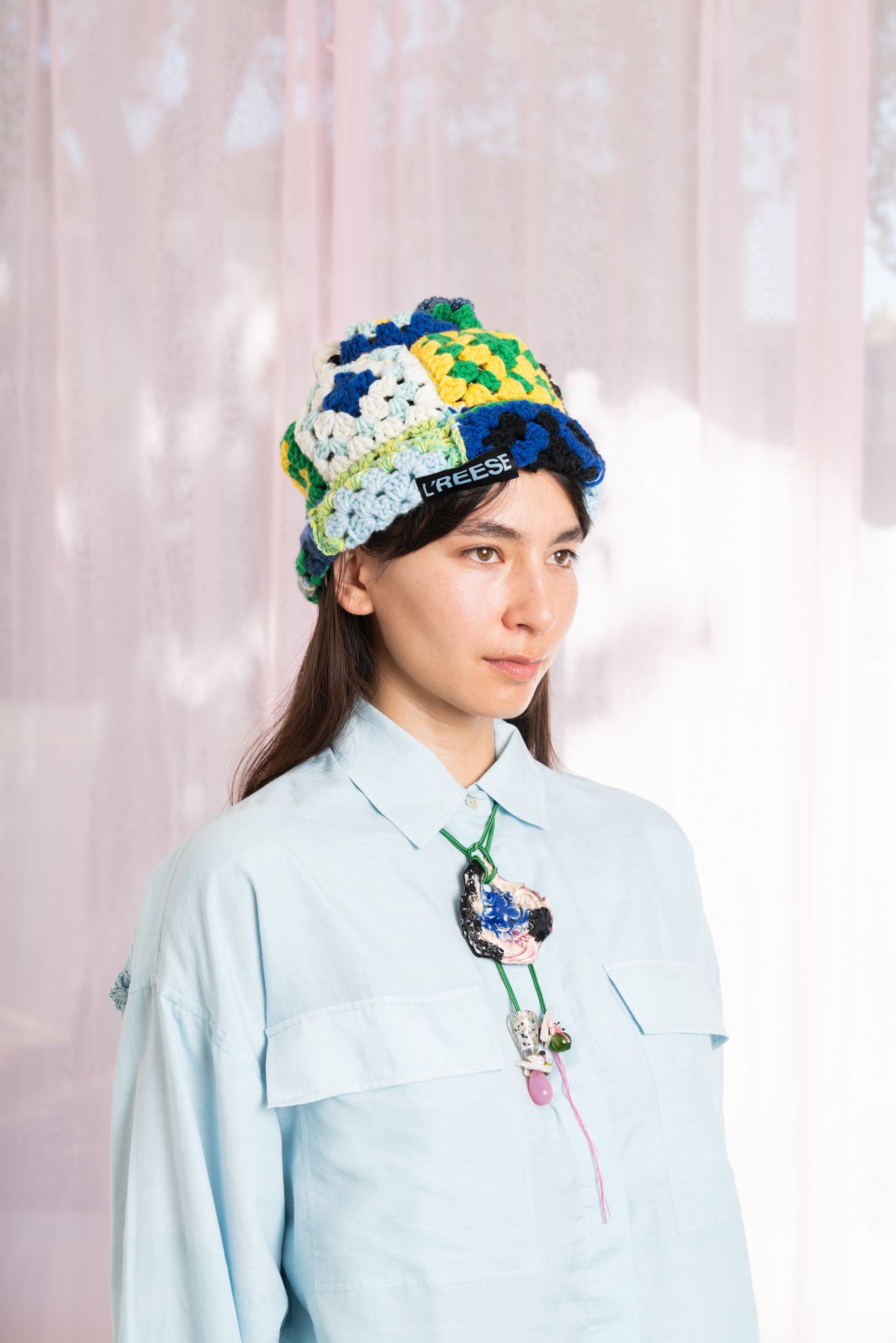 L'REESE 28 Crochet Granny Beanie Blue/Yellow Garmentory