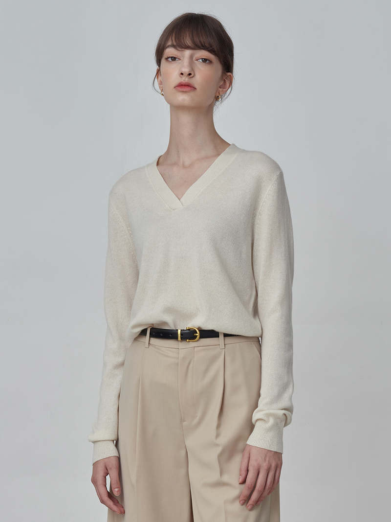 PURECASHMERE NYC Deep V Neck Sweater - Vintage White | Garmentory