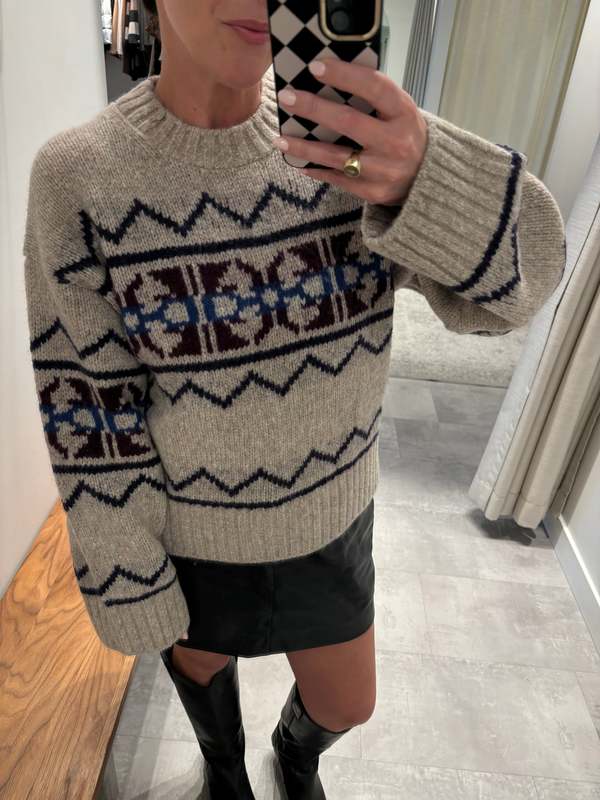 White + Warren Plush Alpaca Blend Fair Isle Crewneck Oat Combo