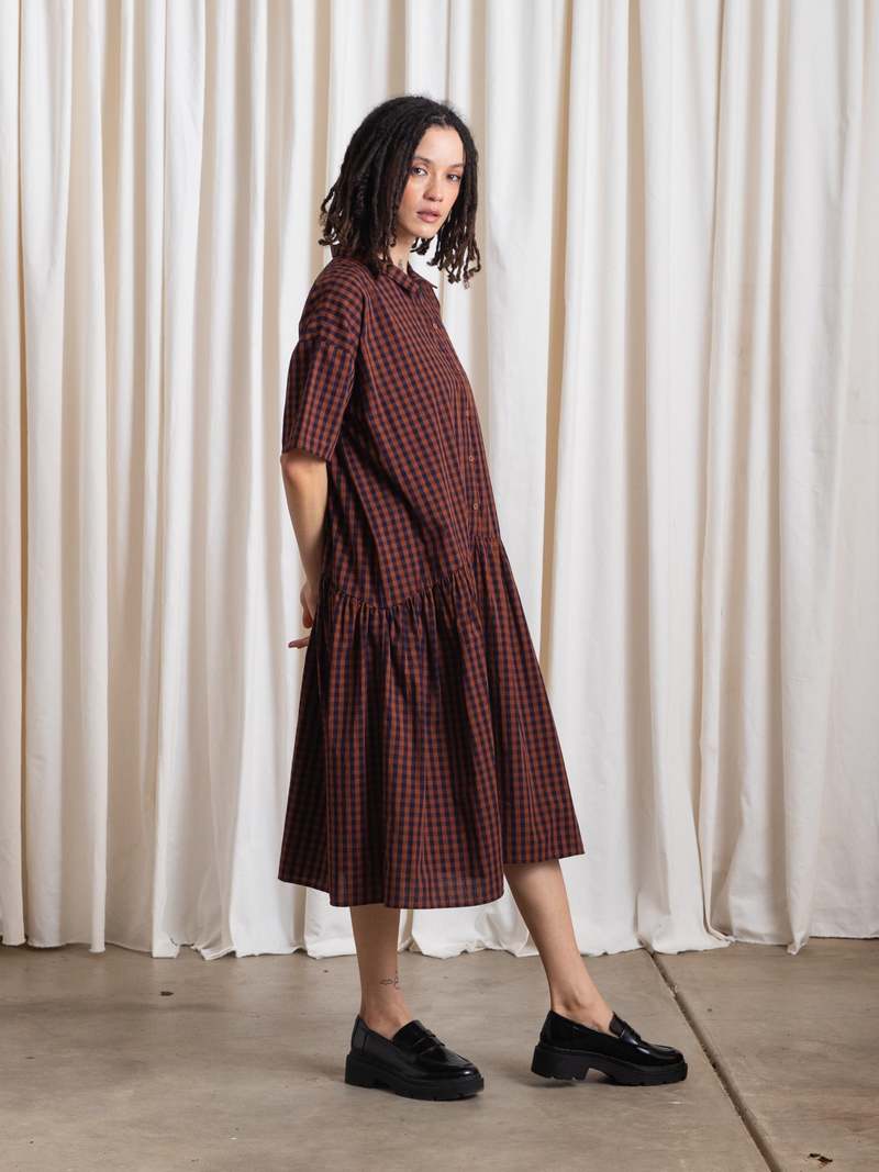 Ali Golden Paneled Midi Dress - Poppy Ice Gingham