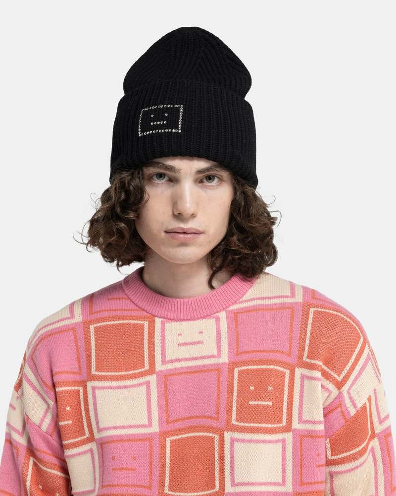 Acne Studios Embellished Face Logo Beanie - Black | Garmentory