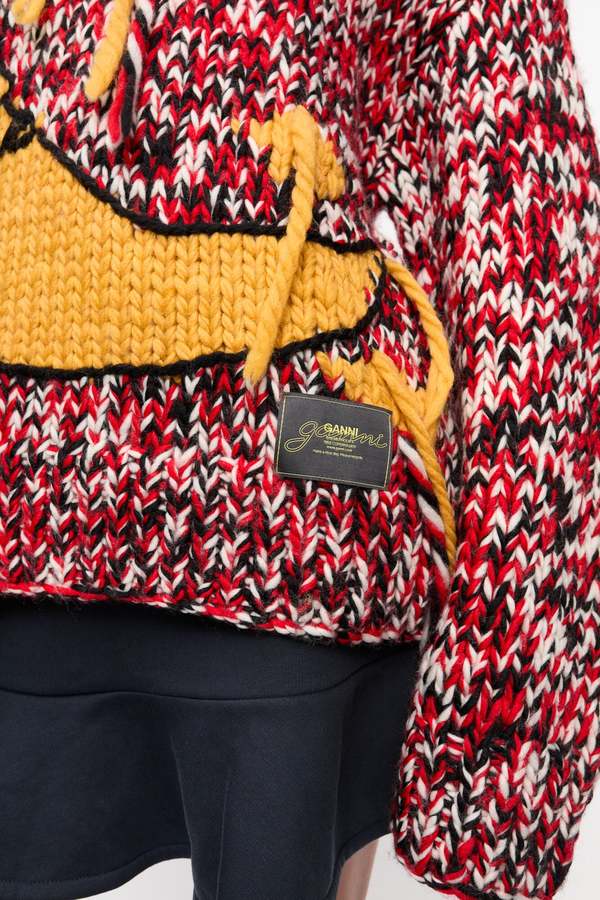 Ganni Graphic Wool Handknit High Neck Turtleneck Racing Red Multi