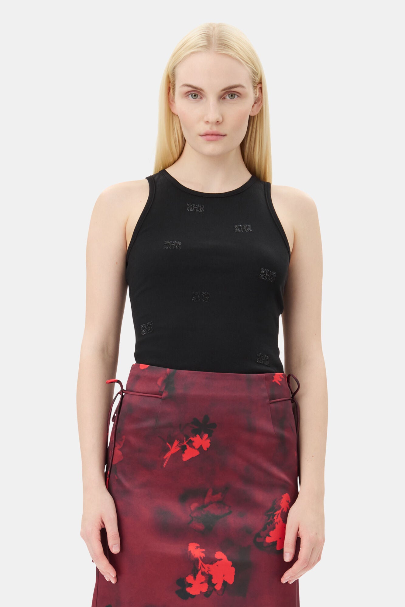 Ganni Soft Cotton Rib Rhinestone Butterfly Tank Top - Black
