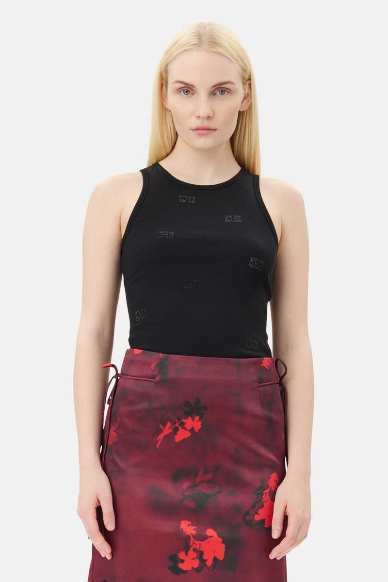Ganni Soft Cotton Rib Rhinestone Butterfly Tank Top - Black