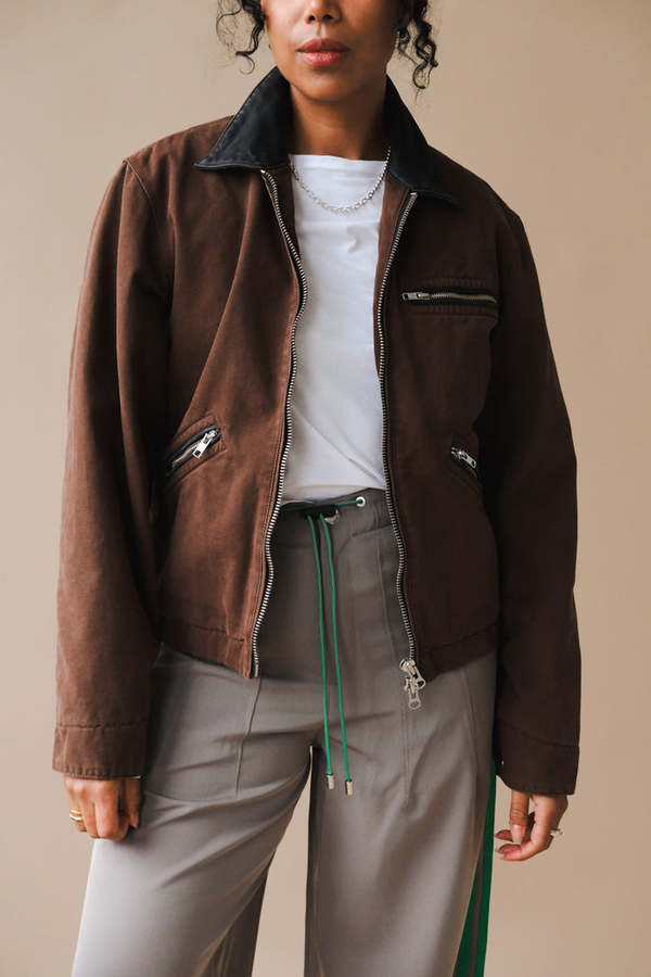 TONYWACK LEATHER COLLAR GARMENT WASHED ZIP WORK JACKET - Brown