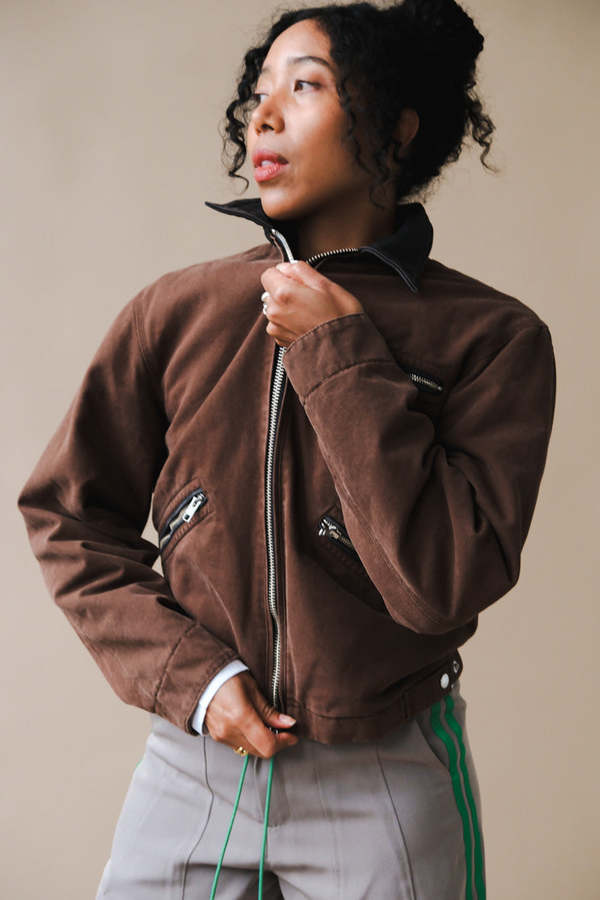 TONYWACK LEATHER COLLAR GARMENT WASHED ZIP WORK JACKET - Brown