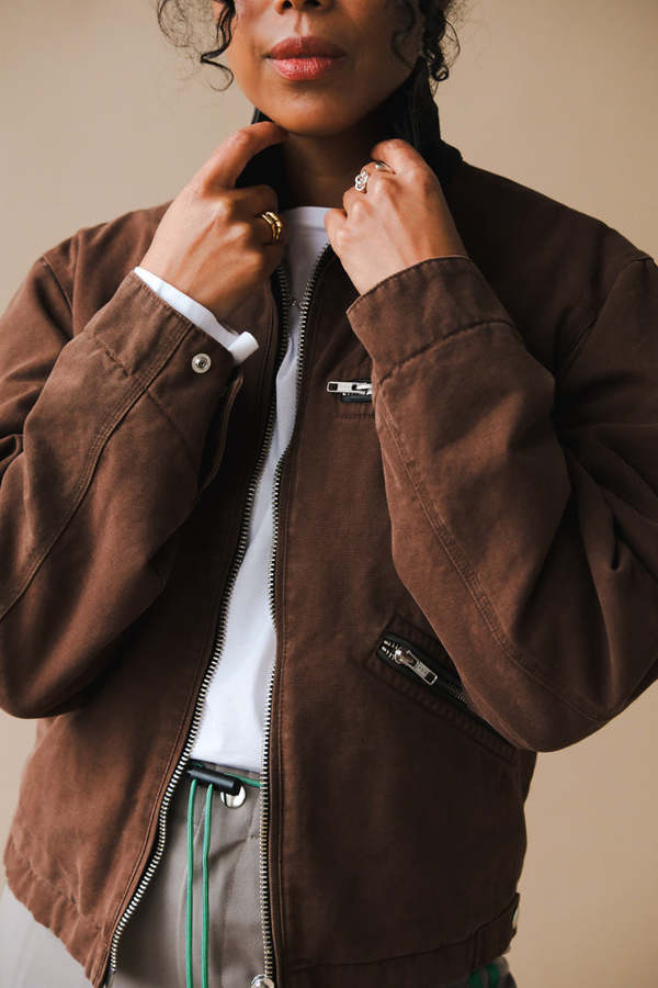 TONYWACK LEATHER COLLAR GARMENT WASHED ZIP WORK JACKET - Brown