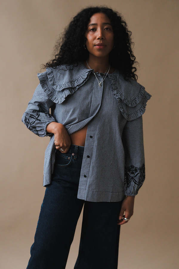 Damson Madder Lois Double Collar Blouse - Black Gingham | Garmentory