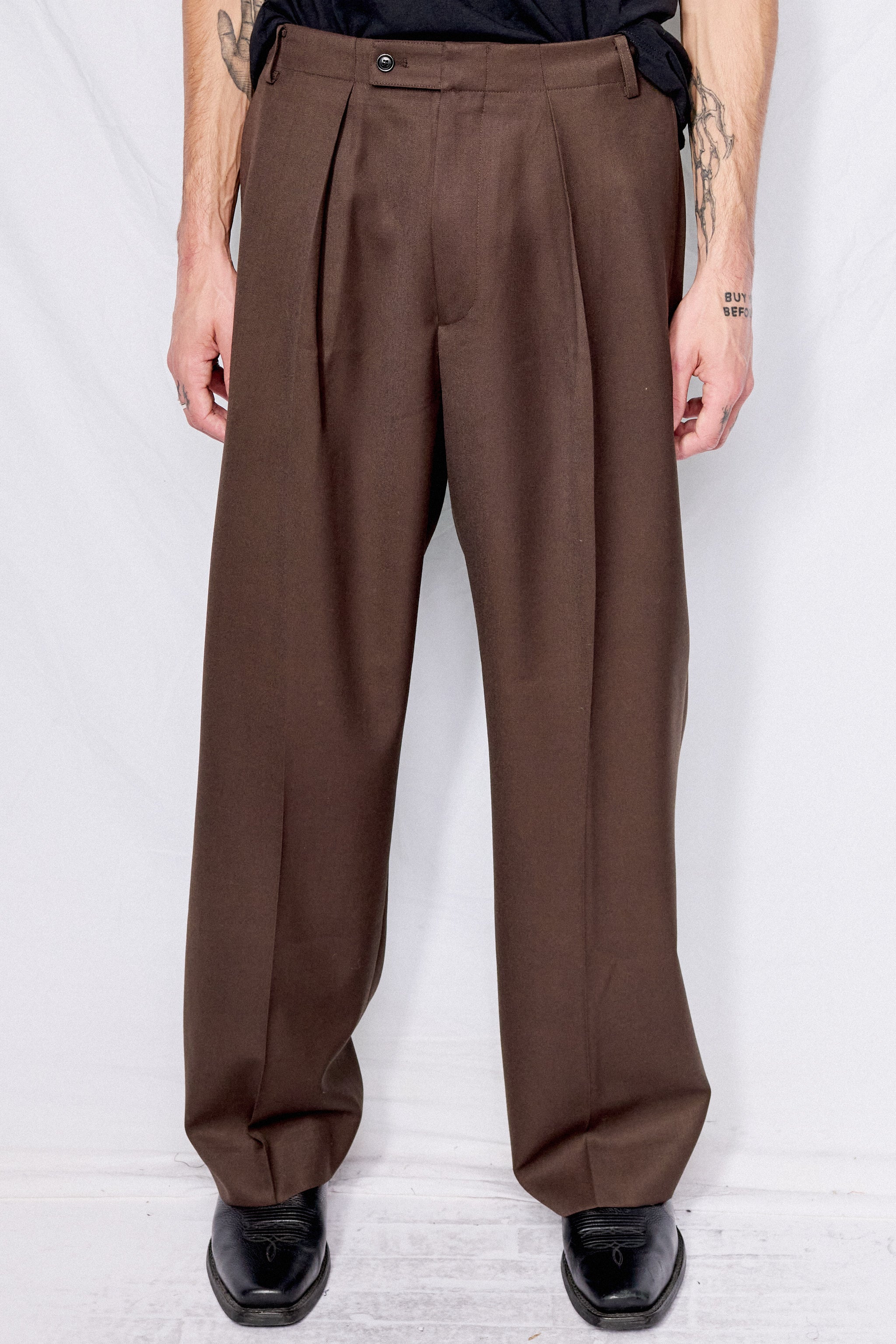 TONYWACK Wool Twill Pleated Wide Trousers - Brown | Garmentory