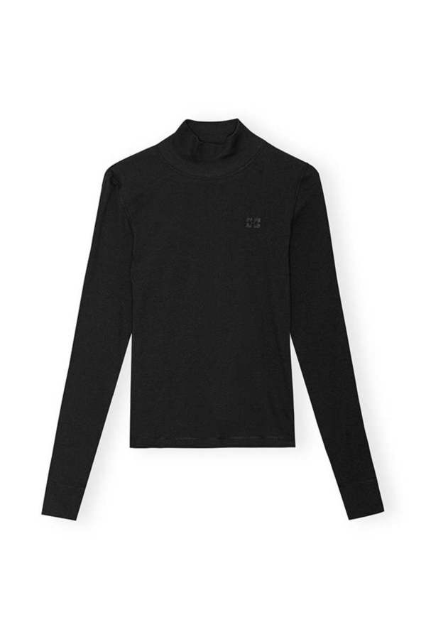 【関税＆送料込み】Ganni Long-Sleeved T-Shirt Ganni Soft Cotton Rib Long Sleeve T- Shirt - Black | Garmentory