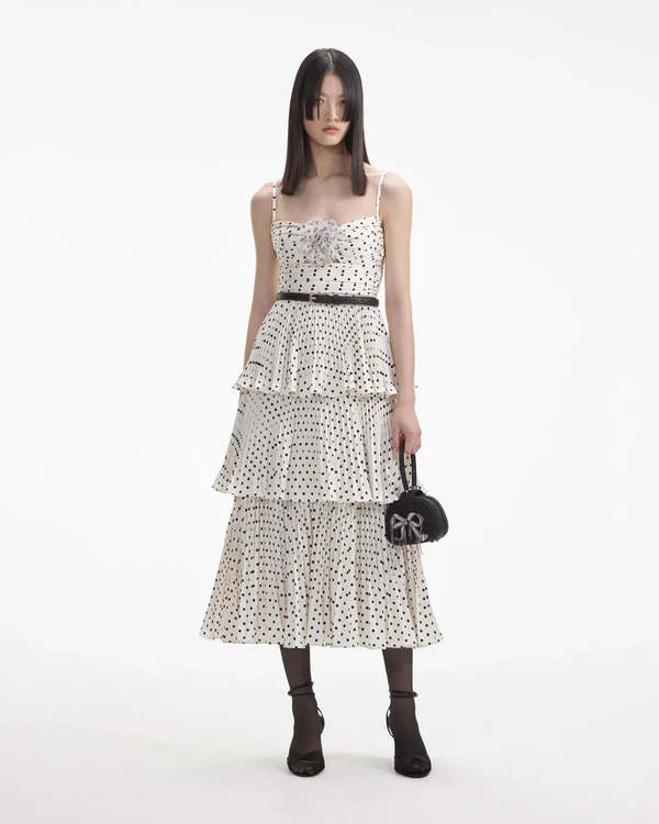 Self-Portrait Tiered Midi Dress - Cream Polka Dot