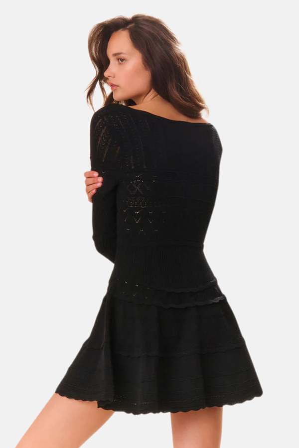 knee length dresses for ladies Self-Portrait White Contrast Trim Ruffled Pointelle Knit Mini Dress