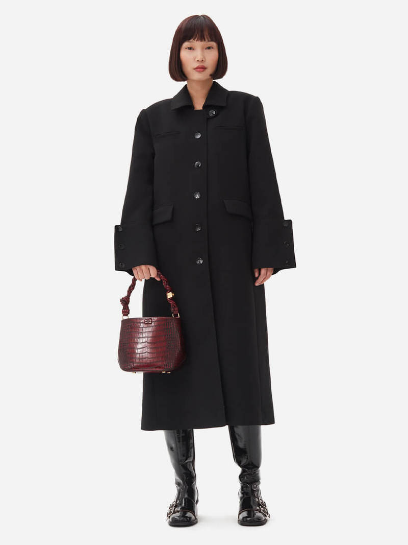 GANNI｜COATS (BLACK BONDED CREPE COAT (F9606 099)) Ganni Bonded Crepe Coat - Black - Women | F9606099 | thebs.com