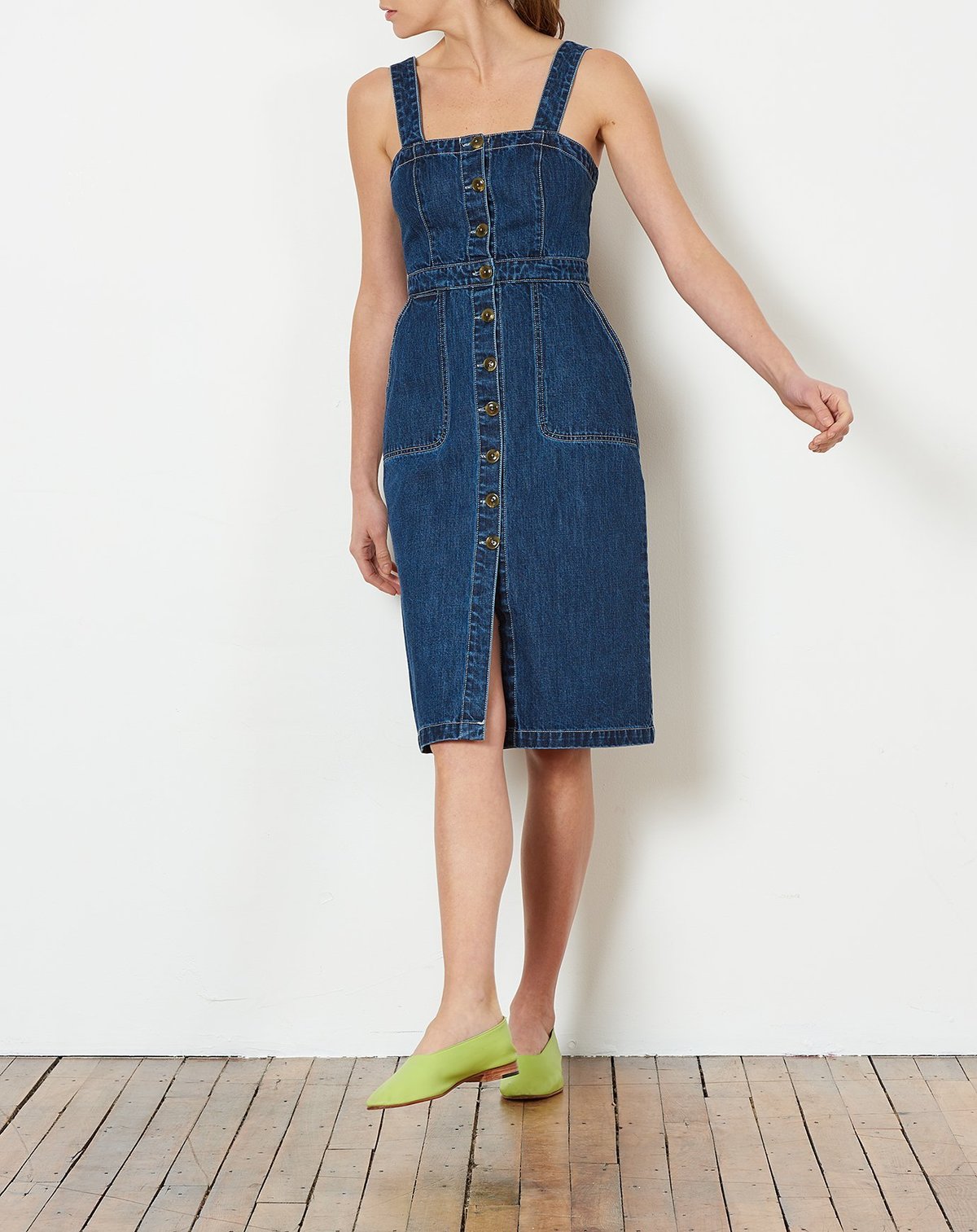 madewell denim apron dress Denim Flutter-Sleeve Midi Dress in Amberley Wash