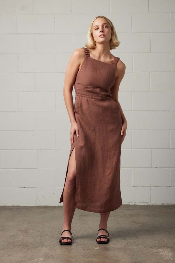 chinese dress ladies Mocha Long Crinkle Linen Sleeveless Dress  Belle Lees Boutique