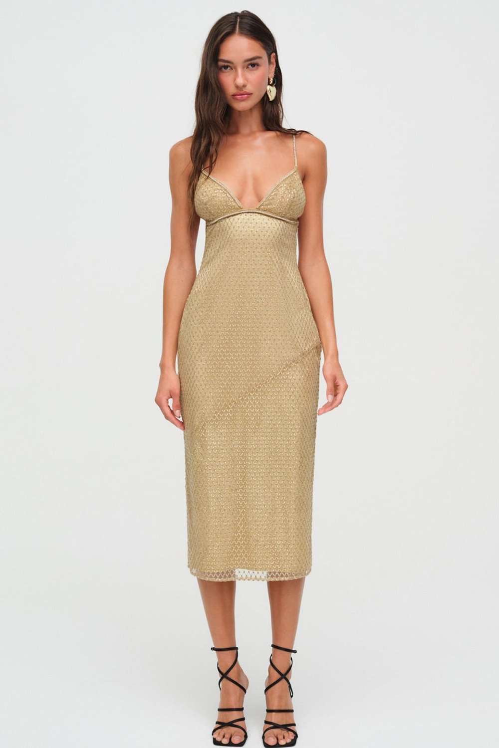 For Love & Lemons Glitter Grid Midi Dress - Gold | Garmentory