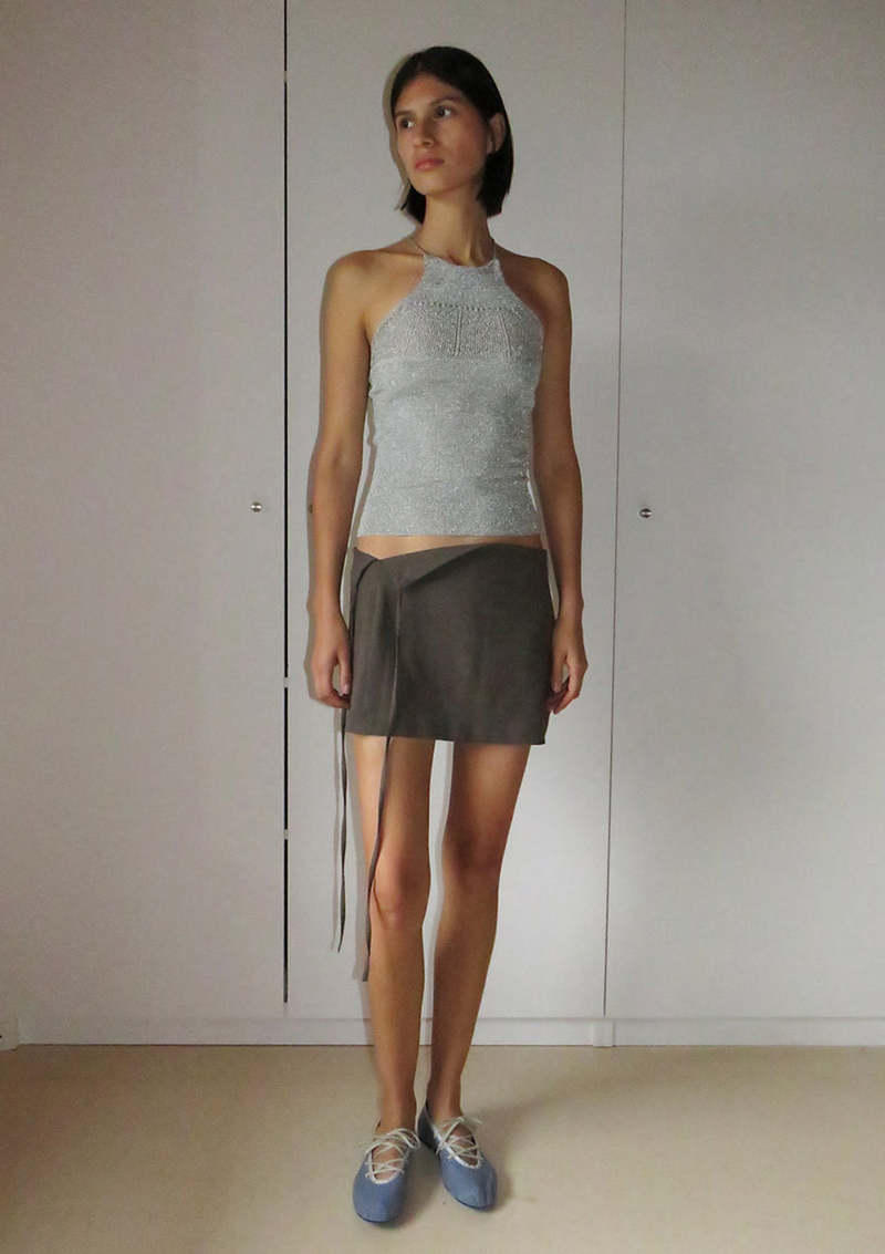 Paloma Wool グレー ホルターネック タンクトップ THAMESIS-Lightgrey slightly sheer ribbed halter linen top