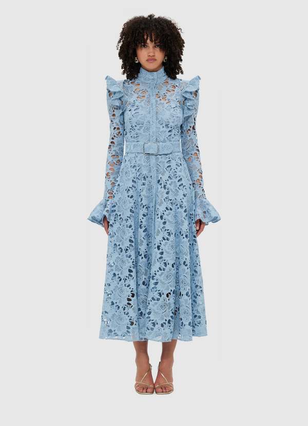 Leo Lin Aliyah Lace Butterfly Sleeve Midi Dress - Powder Blue | Garmentory