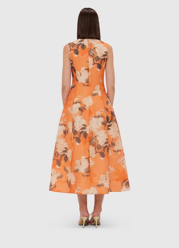 Leo Lin Cleo Sleeveless Midi Dress - Hydrangea Print Tangerine | Garmentory