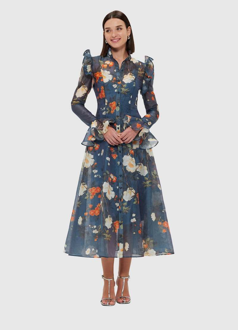 leo lin katrina butterfly dress LEO LIN - Katrina Butterfly Sleeve Midi Dress - Bouquet Print in Pastel Pink