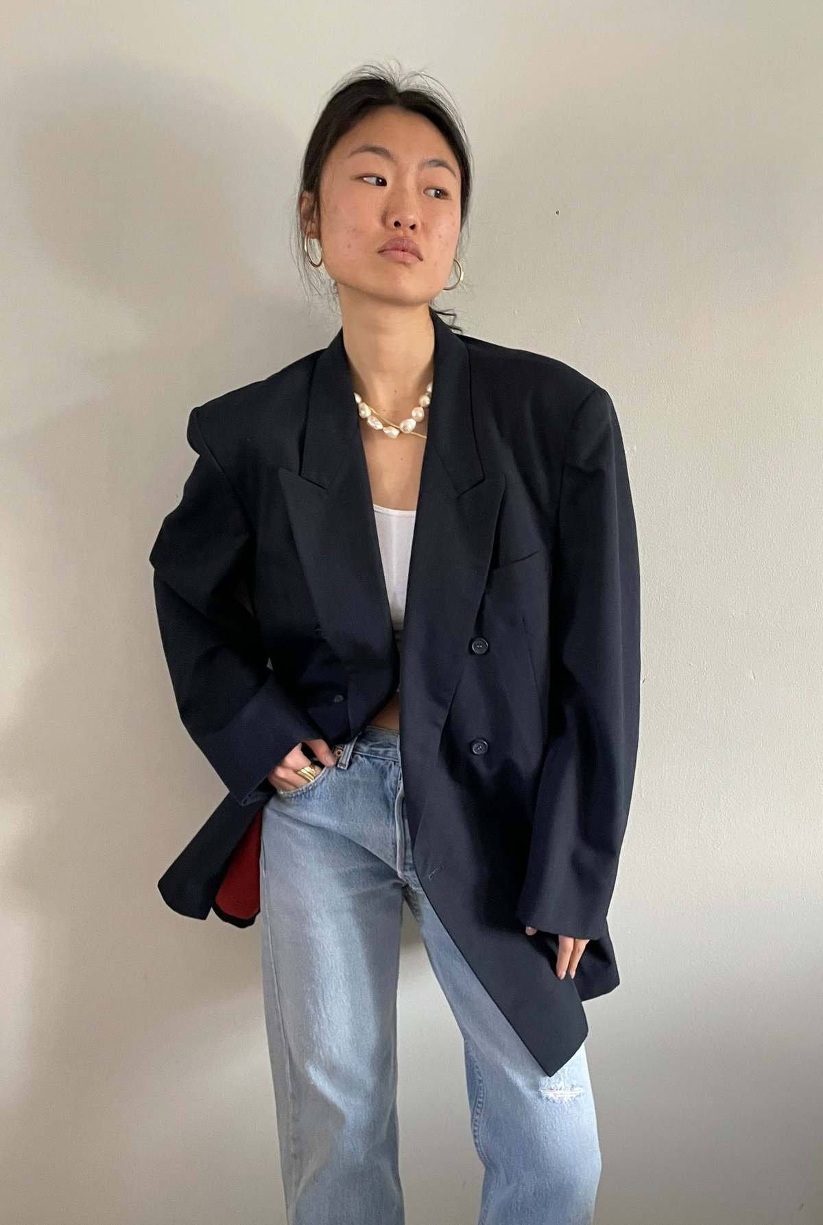 Wool Blend Oversized Pinstripe Lapel Blazer