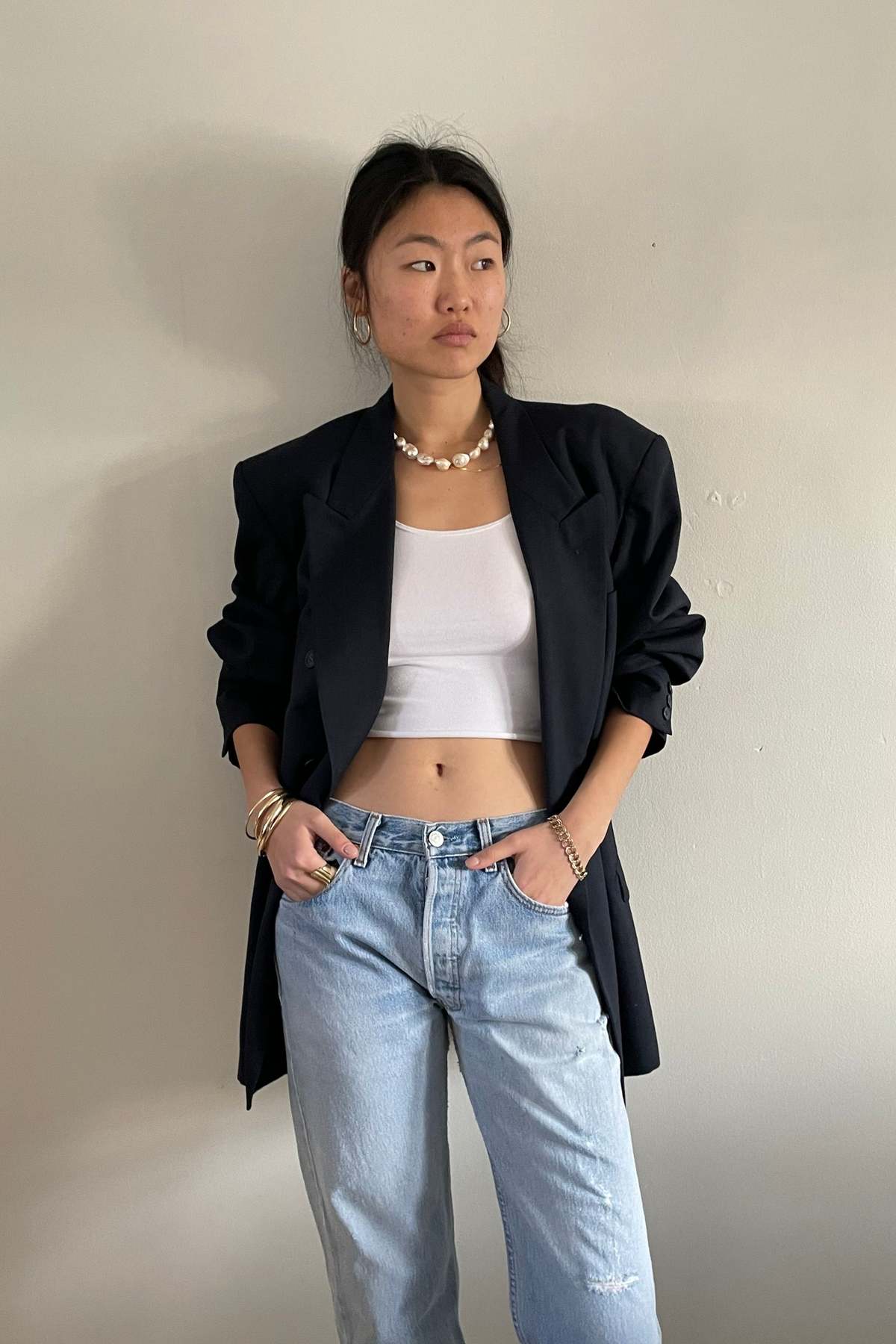 Belted Pinstripe Lapel Blazer