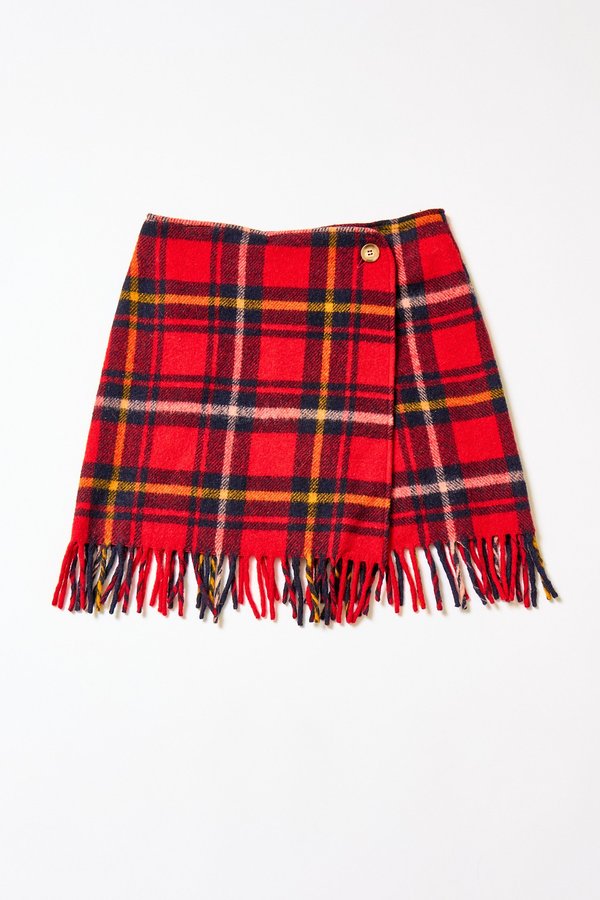 Carleen Fringe Plaid Wrap Mini - Red