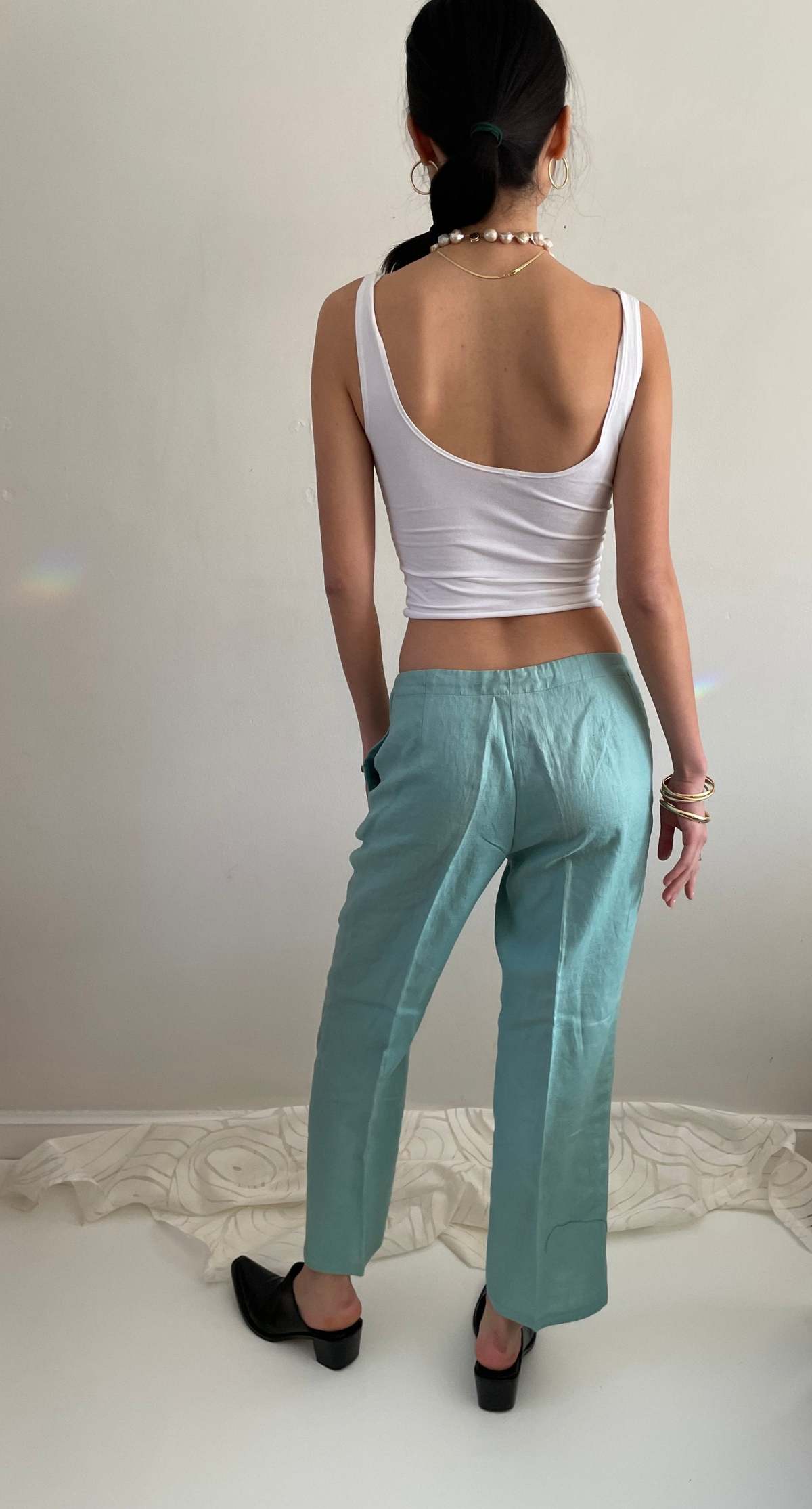 希少❤️ 60s〜80s EUR vintage wide slacks opti vintage linen drawstring wide leg pants -Seafoam Aqua