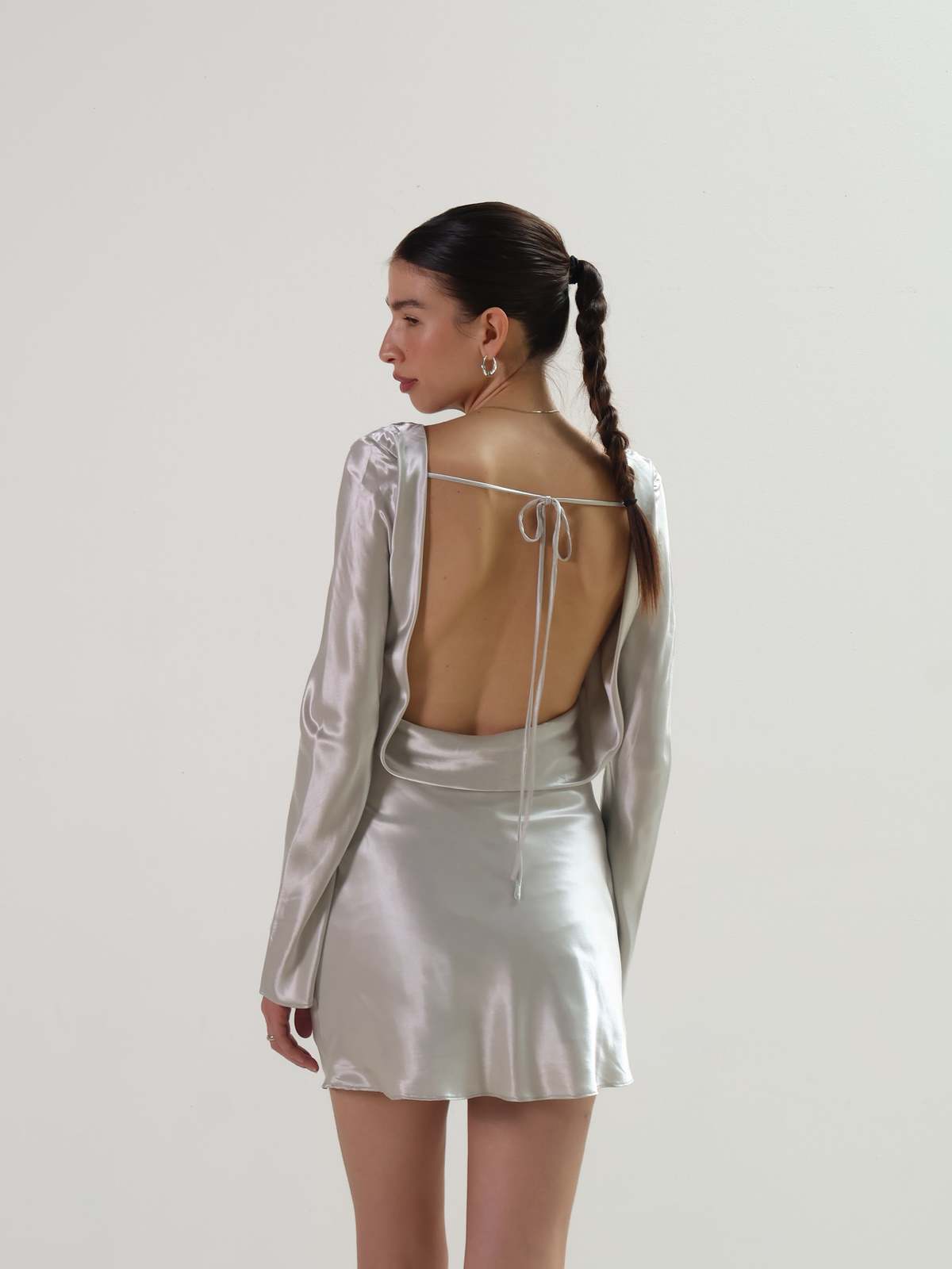 strapless open back dress Draped Halterneck Satin Mini Dress in Ivory - 8
