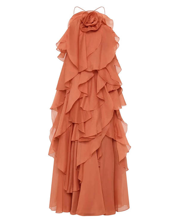 sachin and babi light blue dress HALTER NECK MAXI SATIN DRESS WITH LACE TRIMMINGS | CULT MIA