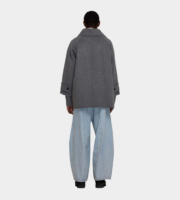 【KIMHEKIM】Cashmere Fringe Scarf Half Coat (Charcoal) Scarf Detail Half Coat (Charcoal) - KIMHĒKIM